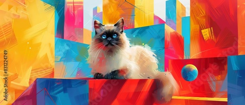 Playful Himalayan Cat illustration, vibrant pop art, colorful geometric shapes focus on, dynamic, composite, playground backdrop