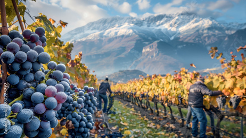 Vineyards grape farm with grapevine and snow mountain background.