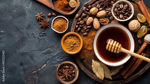 Coffee honey nuts and spices arranged on a wooden platter