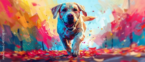 Playful Labrador Retriever illustration, vibrant pop art, colorful geometric shapes focus on, dynamic, composite, playground backdrop