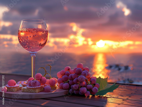 Glass of wine and grapes on table