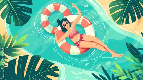 Illustration of a bright flat girl in a who is floating on an inflatable circle in the pool. There should be tropical plants around it. The color palette should be bright and summery
