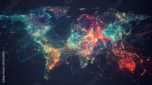A map of the world glowing with an array of lights, indicating urban areas and population centers.
