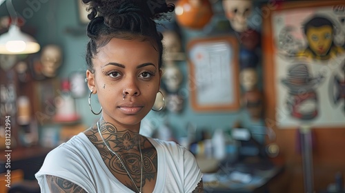 Woman displaying neck tattoos and piercings