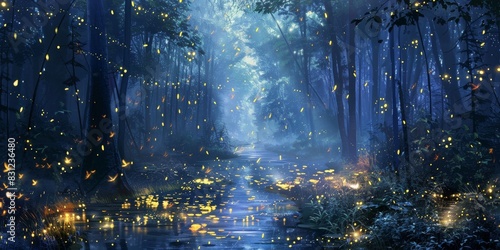 Symphony of fireflies dancing in the twilight amidst a dense forest generated by AI