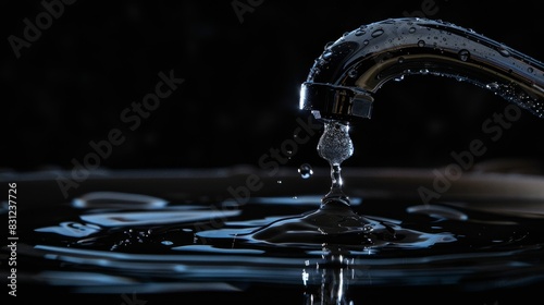 Faucet with a water droplet captured mid-fall in crisp clarity, ideal for themes of hydration and environmental conservation