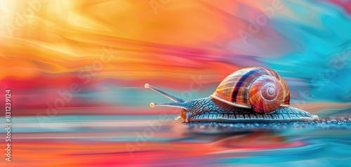 Slowmoving snail, turbocharged speed, quick pace, close up, paradox, vibrant, composite, pavement