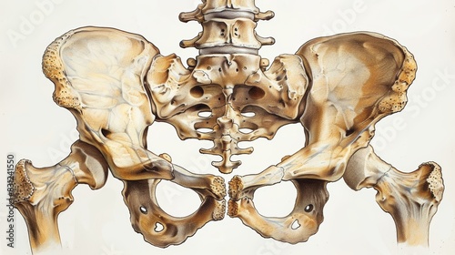 Detailed image of human pelvic bones and lower spine. Anatomical illustration highlighting bone structure for educational and medical use.