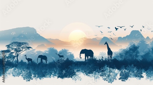 An enchanting set of animal silhouettes arranged on a serene landscape backdrop. The silhouettes of different species, including an elephant, a giraffe, and a bird in flight, are depicted with