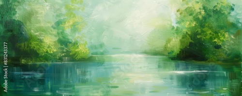 Abstract art depicting a peaceful, greenery-filled landscape with water reflections