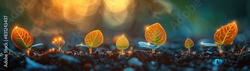 Close-up of seedlings sprouting from the soil, illuminated by a warm light, symbolizing growth and new beginnings in nature.