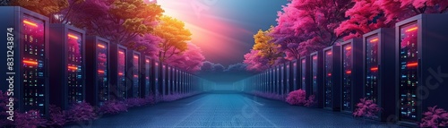 Futuristic data center with colorful servers and blooming trees, blending technology and nature in this vibrant digital landscape.
