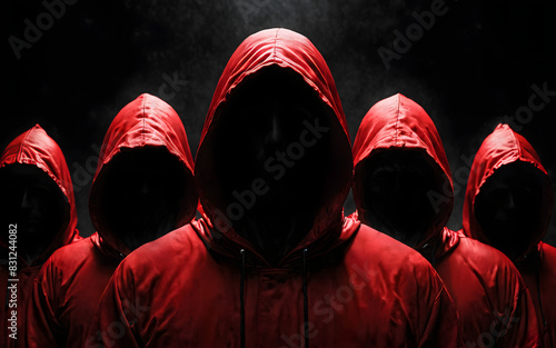 Members of a mysterious sect wearing red hoods against a dark background with darkness enveloping the scene, Generative AI