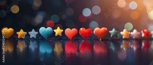 A set of colorful, minimalistic feedback icons such as stars, hearts, and thumbs up, depicting satisfaction reviews on an isolated background with space for text