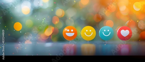 A colorful satisfaction gauge with customer feedback icons, illustrating review and satisfaction measurement on an isolated background with space for text