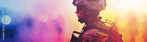 Silhouette of a soldier in uniform and helmet against a vibrant, colorful background. Represents courage, defense, and dedication.