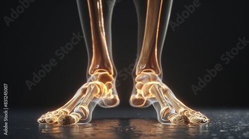 X-ray view of human foot bones highlighting the skeletal structure and joints on a dark background, emphasizing medical and anatomical details.