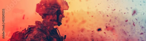 Silhouetted soldier in combat gear amidst a battlefield with vibrant, abstract colorful smoke and particles under dramatic lighting.