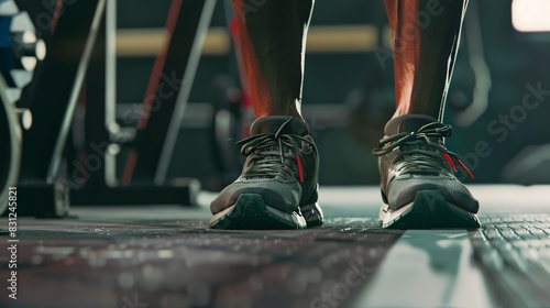 Weightlifter's shoes on gym floor, close-up, stability and texture focus, realistic gym environment.