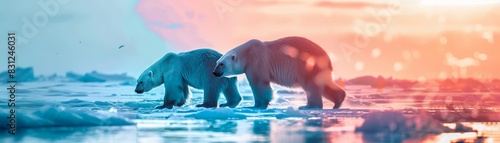 Two polar bears walking on ice with a vibrant sunset reflecting on the frozen landscape, creating a stunning natural scene.