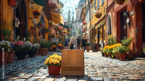 Serene Morning Stroll Through Cobblestone Street With Flowers And Shops