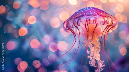 Vibrant jellyfish swimming in an underwater scene with colorful bokeh lights, creating a mesmerizing and ethereal atmosphere.