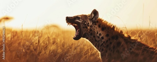 A fierce hyena roaring in the golden grasslands during sunset, showcasing the wild beauty and intensity of African wildlife.