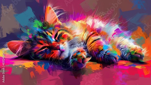 Stylish Selkirk Rex Cat artwork, vibrant pop art, colorful geometric patterns copy space, futuristic, multilayer, modern interior backdrop