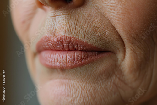 Close up of a middle aged woman's face with wrinkles around the lips, skin cosmetic treatment on the upper lip area. Closeup photo of a beautiful mature lady with thin lines and peach fuz