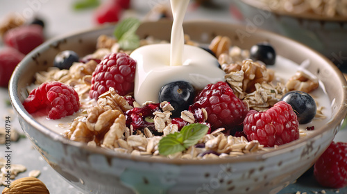 close up of milk pouring onto oats with fruit and nuts in a bowl