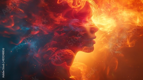 Abstract portrait of a woman engulfed in flames and smoke. The image is a vibrant and dramatic representation of power, passion, and transformation.