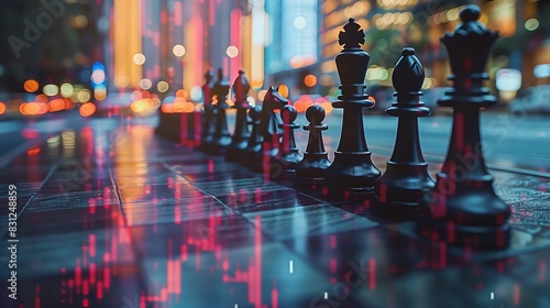 Black chess pieces stand on a city street, reflecting the bright city lights. The chess pieces symbolize strategy and competition in a urban environment.