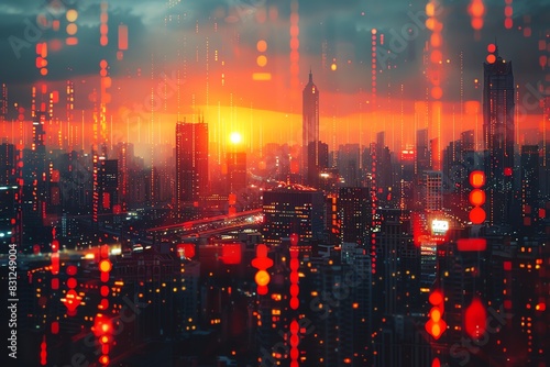 A futuristic cityscape at sunset with glowing lights and digital rain.