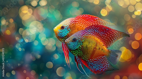 Two colorful fish swimming in a tank with a blurry background