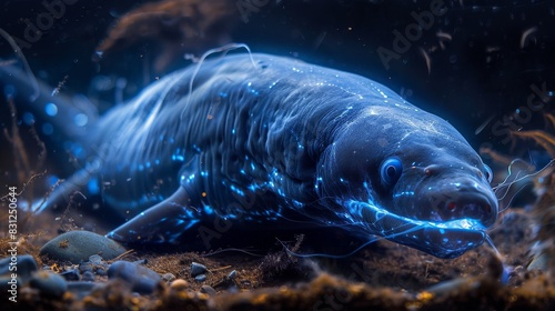 A fish is swimming in the water with a blue glow