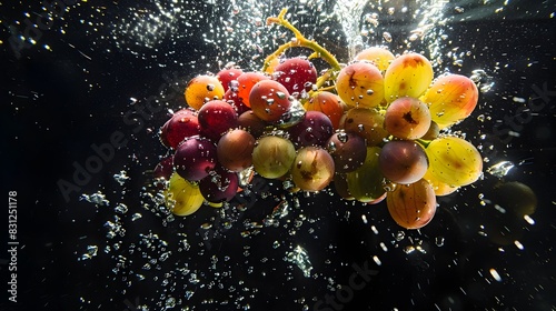 Ripe Grapes Falling into a Deep Tank A Colorful Underwater Contrast of Freshness and Reflection Generative ai