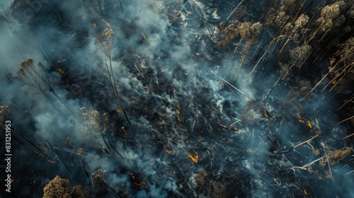 Smoke rising from smoldering embers in a scorched forest, symbolizing the ongoing threat and impact of wildfires