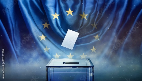 Przeźroczystą urna do głosowania na tle flagi Unii Europejskiej