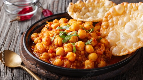 Spicy and tangy chana masala served with fluffy puri bread, offering a satisfying and flavorful vegetarian dish in Indian cuisine