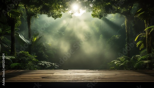 Sunlight streaming through lush green jungle foliage onto a wooden deck, creating a serene and mystical natural scene.
