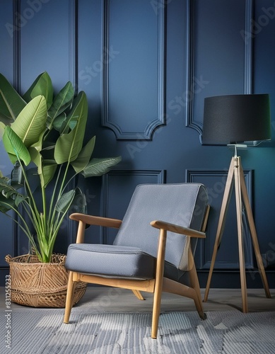 Intérieur de salon moderne avec fauteuil et plantes vertes, lampe, armoire_