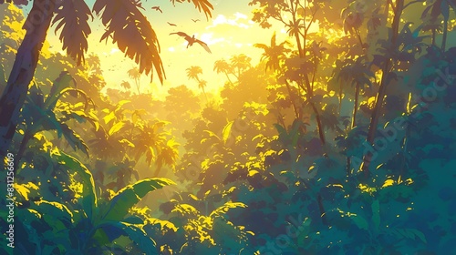 Rainforest at Morning: Draw a picture of a rainforest at dawn. By allowing sunlight to shine through large trees. Creates a crisp golden glow on leaves and trees.