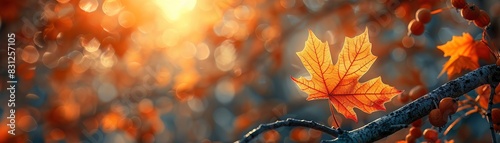 First leaf of a maple tree, autumn hint, room for seasonal change and nature cycle themes
