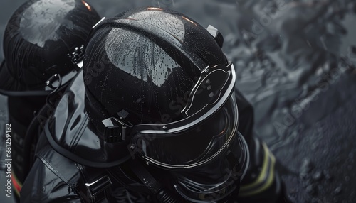 Closeup of firefighter gear and helmet, top view, emphasizing readiness and safety, cybernetic tone, Monochromatic Color Scheme