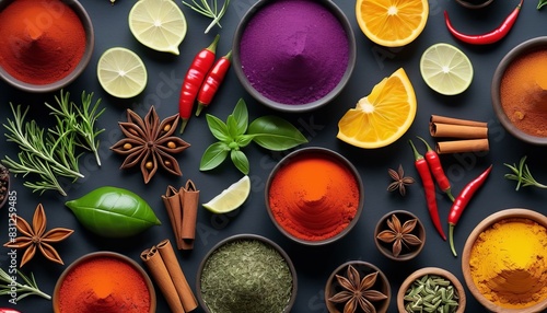 A top view of a colorful assortment of spices and herbs, including chili peppers, cinnamon sticks, star anise, basil, lime, and orange slices. Ideal for culinary, food, and health themes.. AI