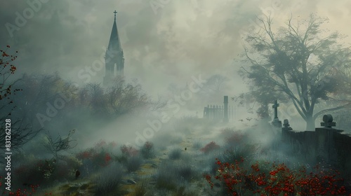 Majestic Gothic Church Spire Emerging from Misty Autumn Landscape