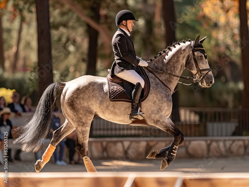 A man is riding a grey horse in a competition. The horse is running and the man is wearing a black jacket