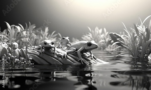 Amphibians in a stream, flat design, front view, stream theme, 3D render, black and white