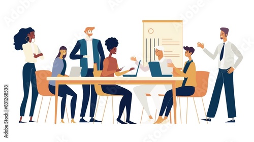 Discussion, meeting and business people in office for teamwork, planning or review at table. Collaboration, professional and group of diverse employees for ideas, conversation or project development