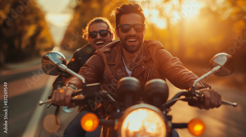 Exhilarating motorcycle ride at golden hour. Ideal for depicting themes of adventure, friendship, and the joy of riding, suitable for travel and lifestyle marketing.